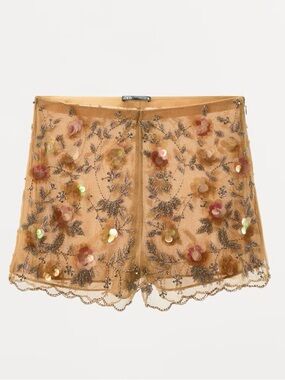 Zara Camel Embellished Floral Mesh High-Waist Shorts